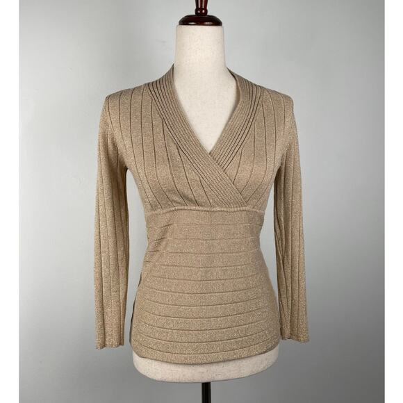 00s y2k Gold Metallic Knit Ribbed V-Neck Sweater Pullover Shimmery Top Petite M - Picture 2 of 10